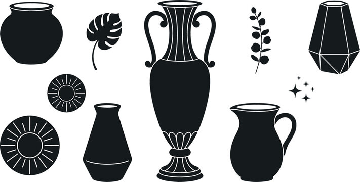 Ceramic pottery silhouettes and ancient greek vase vector icons collection with botanical monstera leaves for bohemian interior design decoration graphics.