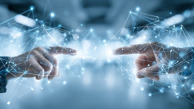 Fingers reaching to connect a glowing digital network of light particles. A technological concept for business innovation and global communication connectivity.