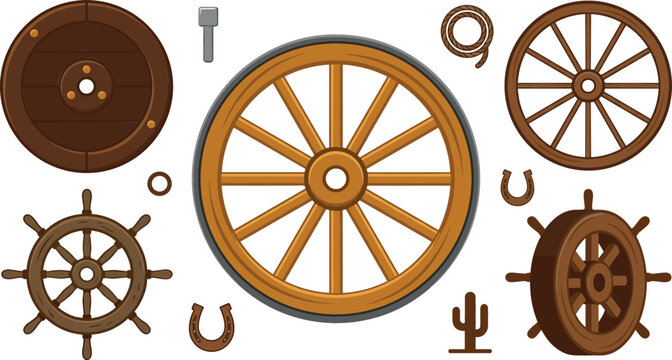 Wooden wagon wheels and ship steering wheels vector illustration set with wild west horseshoes lasso rope and cactus icons for vintage adventure graphic designs.