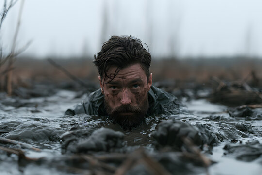 A person is trapped in muck-filled swamp mud. Their face portrays despair and struggle. The scene is outdoor, during cold weather, with a dark day. It's a challenging situation, feeling trapped and is
