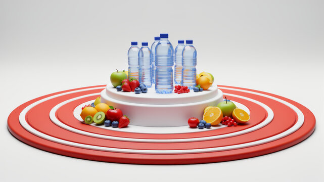 Healthy meal and supplements centered on red running track target representing sports nutrition performance fueling disciplined training recovery planning and athlete wellness goals