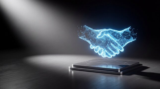 Digital handshake representing modern network security architecture, 3d...