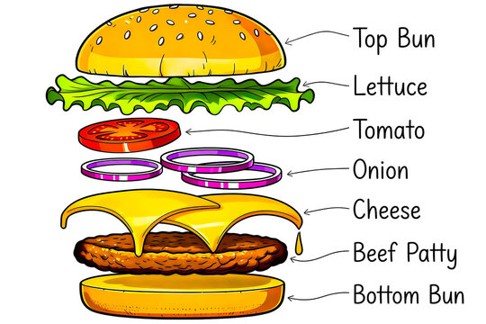 exploded cheeseburger diagram with ingredients labeled top bun lettuce tomato onion cheese beef patty bottom bun, layers infographic illustration, burger ingredients diagram background tasty