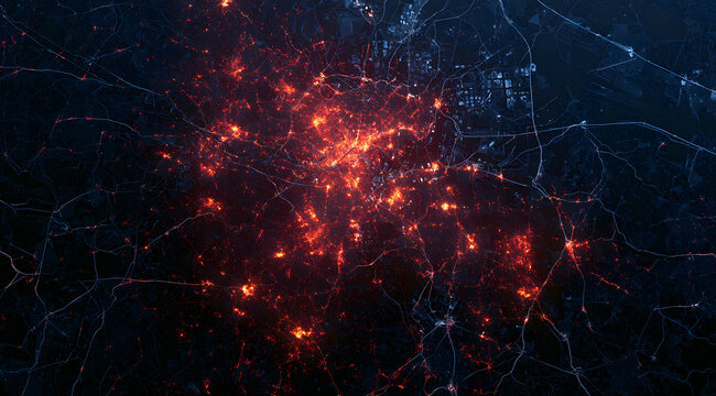 GIS satellite data analytics alongside urban heat map visualization, highlighting nighttime population density