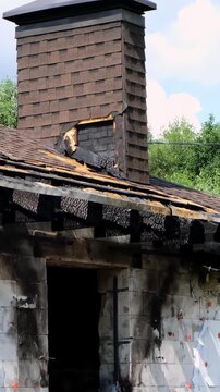 Damaged brick chimney stands on the roof of burned house. Concept of fire insurance. Arson case. Consequences of a gas or battery explosion. Home maintenance, structural repair, building inspection.