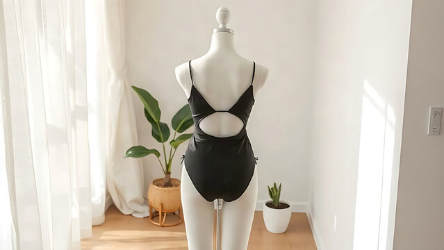 White dress form mannequin wearing black cutout-back monokini beside sheer curtain and potted plant, fashion retail interior concept