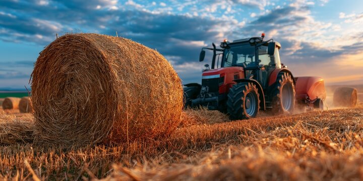 Red tractor harvesting hay in a golden field at sunset, large round bale in foreground, dramatic sky, rural farming scene, warm lighting.