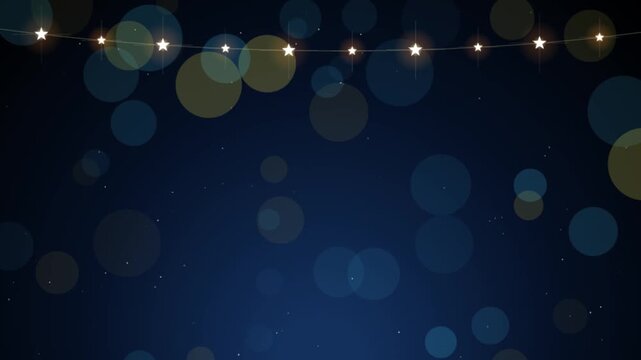Star String Lights Garland with Bokeh on Dark Blue Night Background