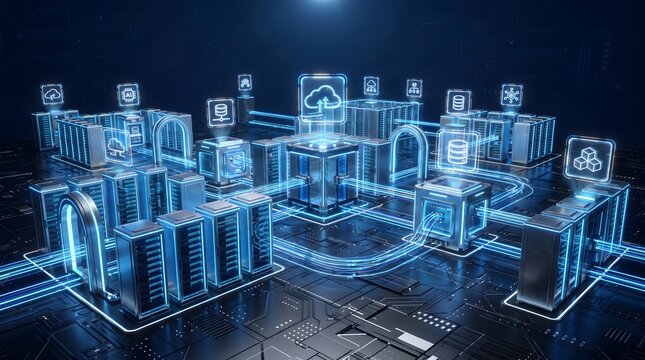 Distributed cloud computing network architecture showing interconnected server nodes and centralized data administration hub.