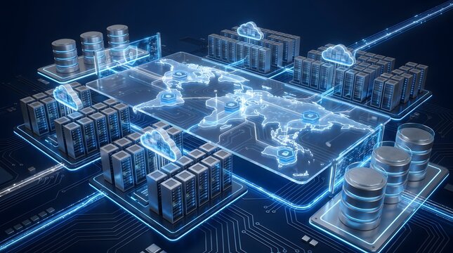 Global content delivery network concept with glowing world map interface connecting international cloud data center servers.
