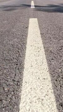 A white arrow shaped line marking sits on an asphalt road surface, the camera moving steadily forward while passing tree shadows gradually darken parts of the pavement in daylight.