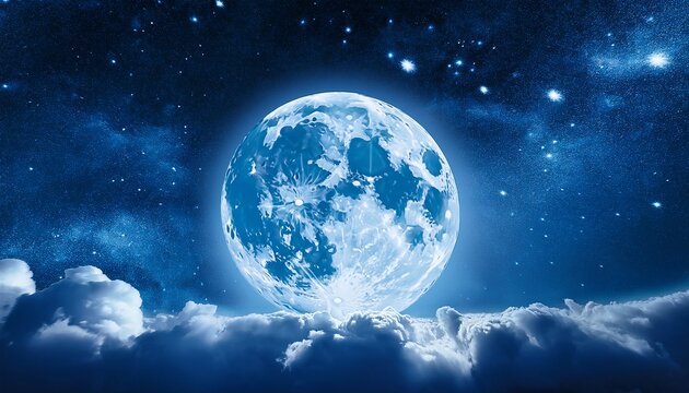 Beautiful Blue Astrological Background With A Full Moon Emerging From Clouds With A Scattering Of Stars