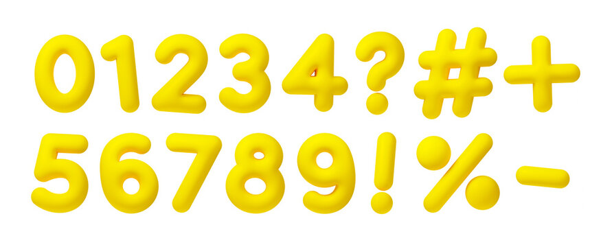 Yellow 3D puffy numbers and symbols set, rounded inflated typography