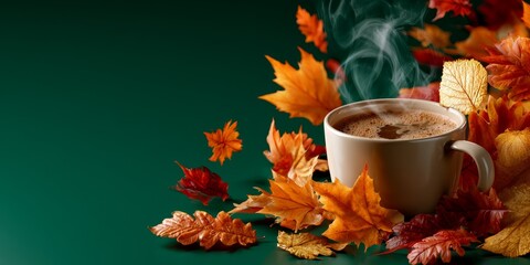 Plakat Steaming cup of coffee surrounded by vibrant autumn leaves on a deep green background, evoking warmth, coziness, and seasonal comfort.