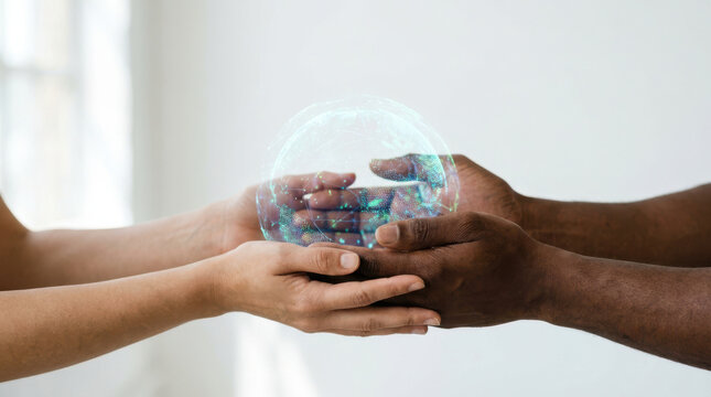 Hands holding holographic globe symbolizing global connection and unity with diverse skin tones in soft light