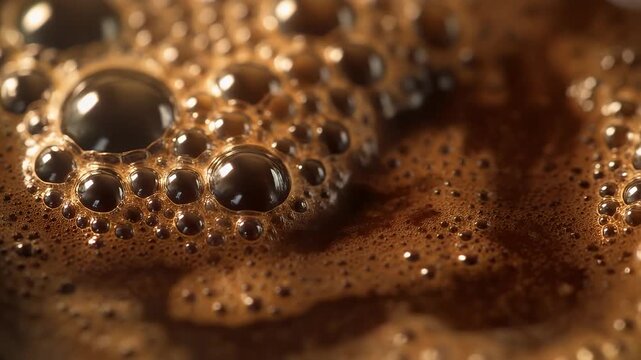 Captivating close-up of a rich, dark beverage, showcasing a mesmerizing pattern of effervescent bubbles and delicate foam, evoking warmth and comfort