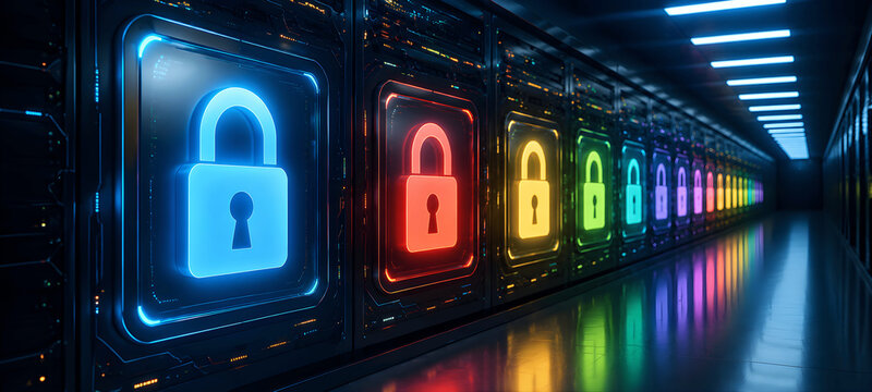Cybersecurity Data Protection with Colorful Glowing Padlocks on Server Room Rack Row 3D Render
