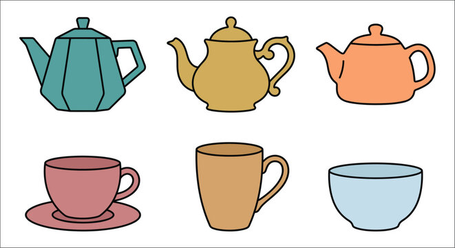 Assorted teaware including teapots cups and a bowl in a colorful vector illustration teapots teacup