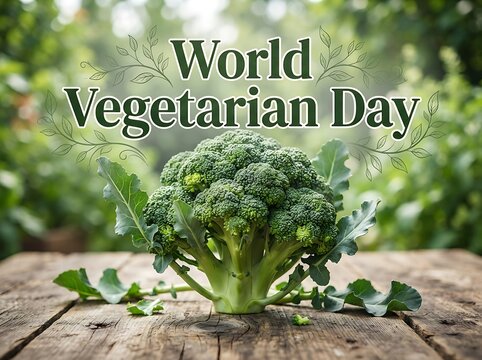 Fresh broccoli head on a rustic wooden table against a blurred garden background, celebrating world vegetarian day with a healthy plantbased food concept