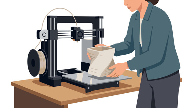 Female engineer holding a 3D printed prototype next to a desktop 3D printer in a flat vector style