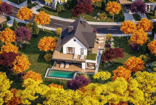 3d rendering of contemporary architectural luxury house exterior. Modern Scandinavian style family home with a white plaster walls, beautiful garden. Clear sunny autumn day with golden leaves anywhere