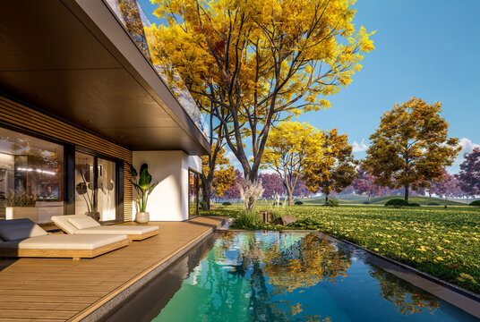 3d rendering of contemporary architectural luxury house exterior. Modern Scandinavian style family home with a white plaster walls, beautiful garden. Clear sunny autumn day with golden leaves anywhere