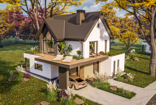 3d rendering of contemporary architectural luxury house exterior. Modern Scandinavian style family home with a white plaster walls, beautiful garden. Clear sunny autumn day with golden leaves anywhere