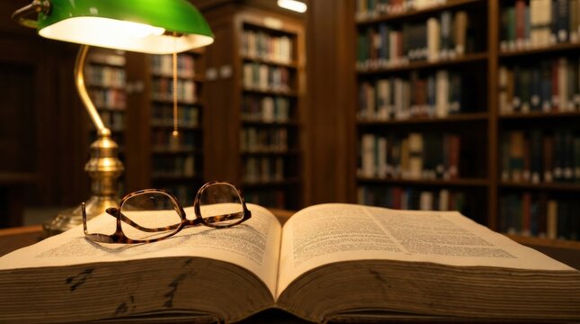 Classic library desk with an open book and glasses for academic research and study