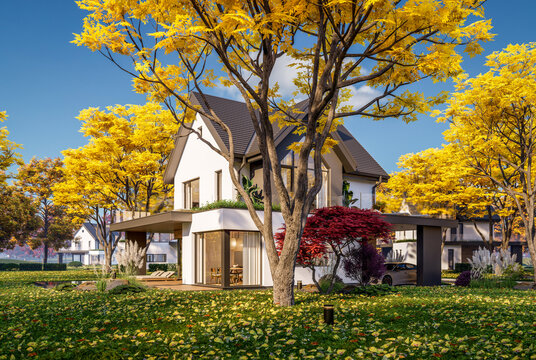 3d rendering of contemporary architectural luxury house exterior. Modern Scandinavian style family home with a white plaster walls, beautiful garden. Clear sunny autumn day with golden leaves anywhere
