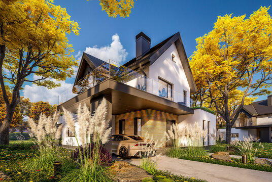 3d rendering of contemporary architectural luxury house exterior. Modern Scandinavian style family home with a white plaster walls, beautiful garden. Clear sunny autumn day with golden leaves anywhere