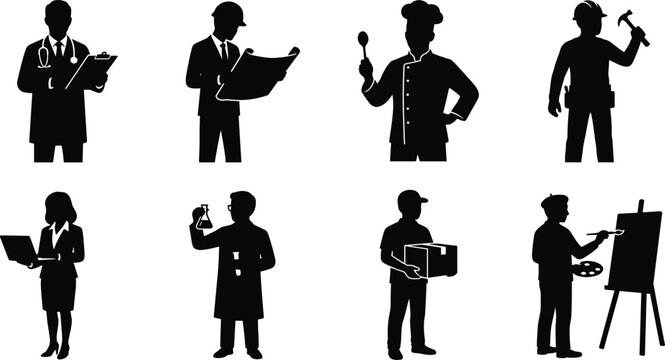 Professional careers and occupations solid black silhouette vector pack featuring various industry workers