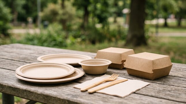 Eco friendly paper plates, bowls, boxes and wooden cutlery arranged on a rustic picnic table outdoors