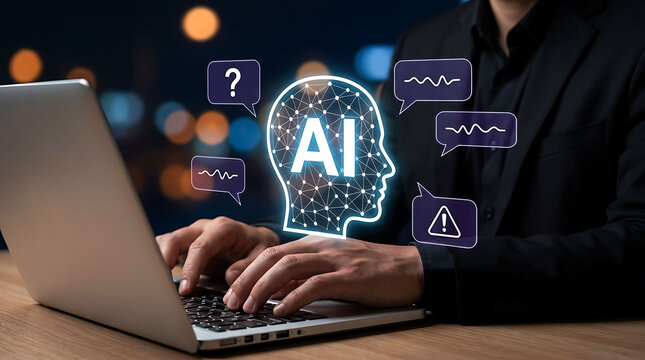 Businessman using laptop with AI artificial intelligence brain chatbot interface