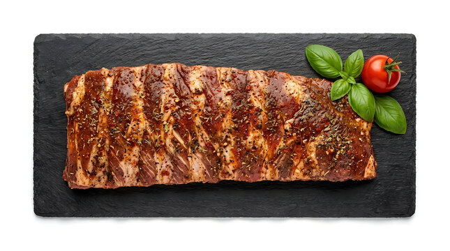 Delicious grilled pork ribs with barbecue sauce served on a black stone plate with fresh basil garnish