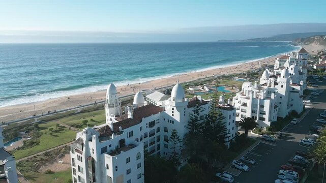 Aerial view of the white buildings of San Alfonso del Mar resort along the sandy coastline and blue ocean in Algarrobo, Valparaiso, Chile.