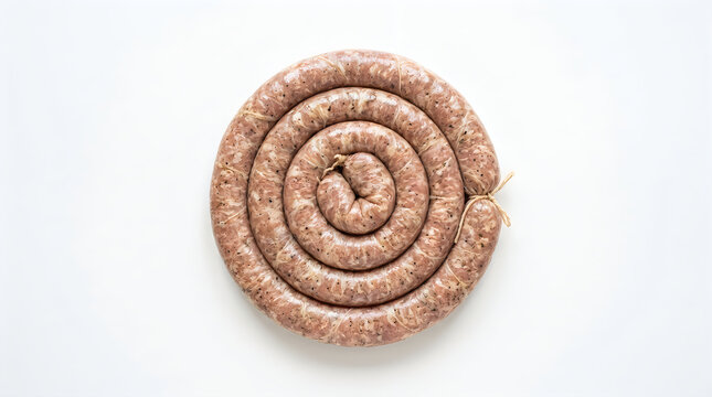 A top down view of a raw coiled pork sausage isolated on a clean white background