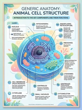 Animal cell structure diagram featuring detailed biological organelles with educational labels and colorful modern vector graphics for scientific research study