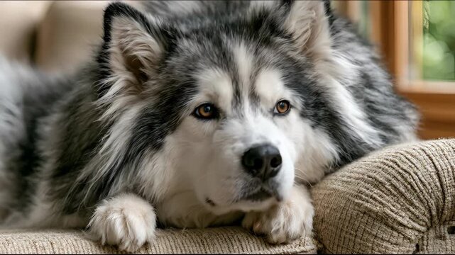 Close Up of Siberian Husky Dog Resting Indoors