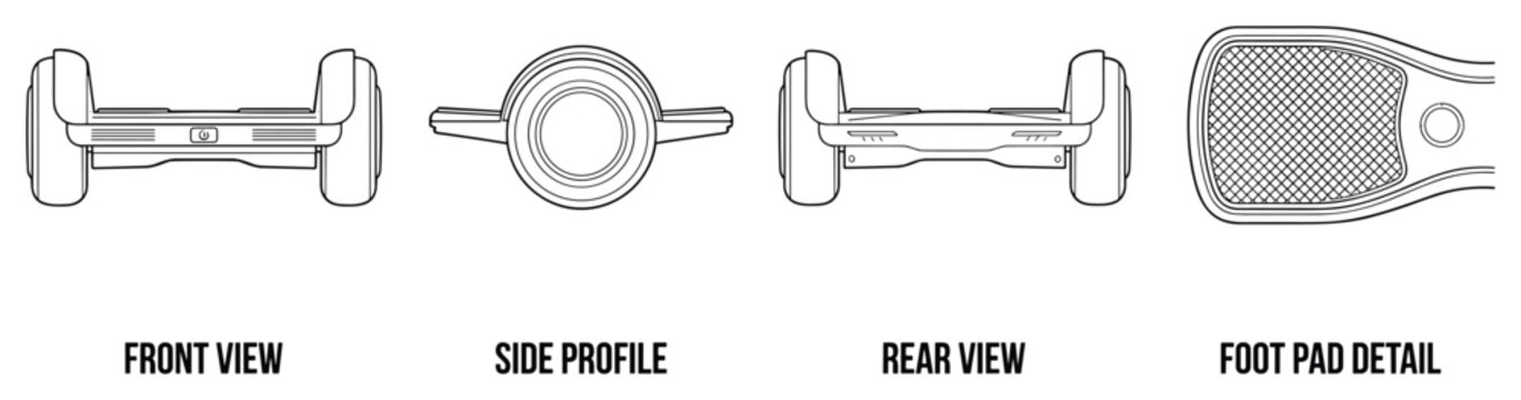 Hoverboard front side rear view and foot pad detail white illustration.