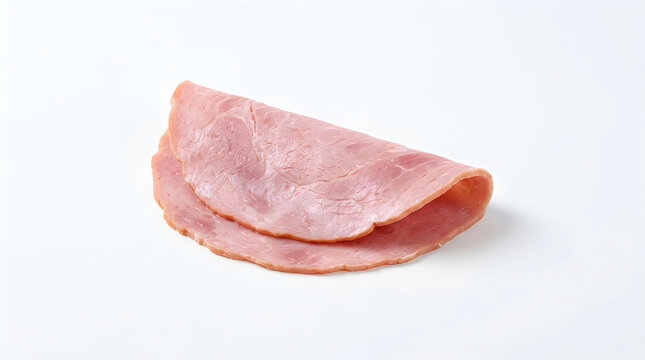 A single folded slice of fresh deli ham isolated on a clean white background for food photography
