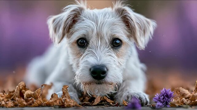 White Puppy Lying on Autumn Dry Leaves Outdoor