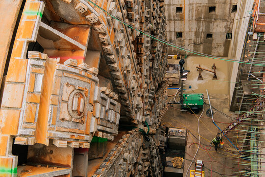 Tunnel boring machine operating at a construction excavation site