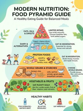 Food pyramid infographic chart showing balanced healthy eating guidelines with colorful illustrations of fruits vegetables grains protein and dairy items