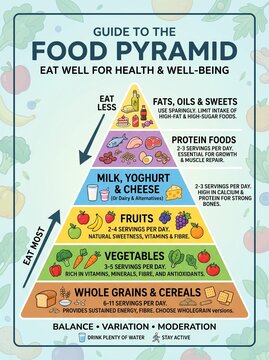 Food pyramid infographic chart showing balanced healthy nutritional diet guide with colorful icons for education about daily eating habits lifestyle