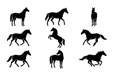 Fototapeta premium Horse poses running galloping standing black silhouette vector icons set