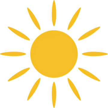 Simple yellow sun icon with twelve pointed rays extending from a circular center isolated on a transparent background
