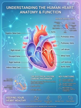 Human heart anatomy diagram showing blood flow direction and electrical conduction system in a modern detailed scientific medical educational illustration
