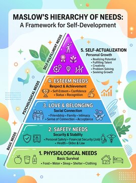 Maslow hierarchy of needs pyramid chart displaying human psychological motivation stages with colorful icons for educational training and business coaching