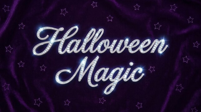 Halloween Magic text made of sparkling diamonds on a deep purple velvet background with elegant silver stitched star patterns