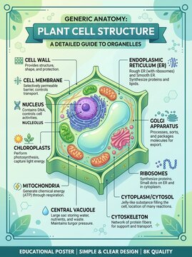 Plant cell structure educational poster showing detailed organelles like nucleus chloroplasts and mitochondria in a clear colorful digital vector illustration